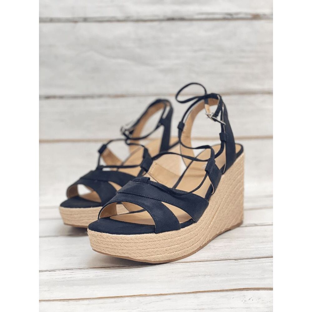Sun + Stone Women's Tinsleyy Strappy Espadrille Wedge Sandals - Black 10M